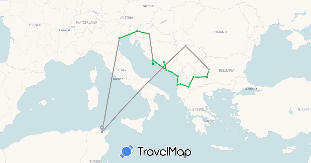 TravelMap itinerary: driving, bus, plane in Albania, Bosnia and Herzegovina, Bulgaria, Croatia, Italy, Montenegro, Macedonia, Serbia, Slovenia, Tunisia (Africa, Europe)